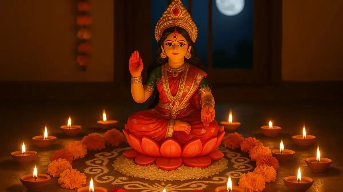 Lakshmi idol on a lotus surrounded by diyas