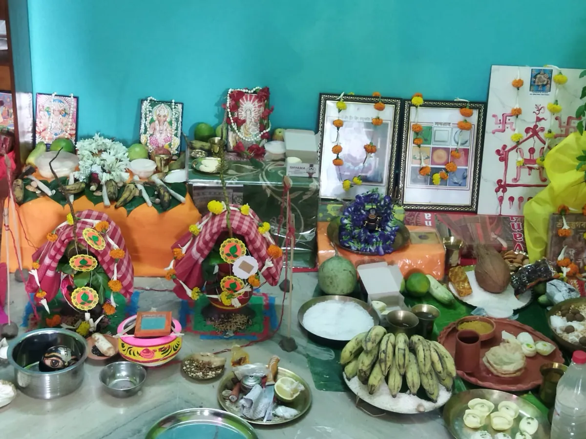 Navagraha Shanti Puja altar with ghot, offerings and graha yantra