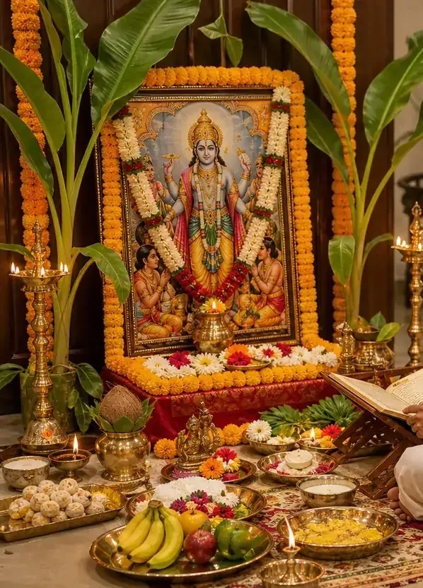 Satyanarayan Puja altar with Narayan, banana plants, diyas and offerings