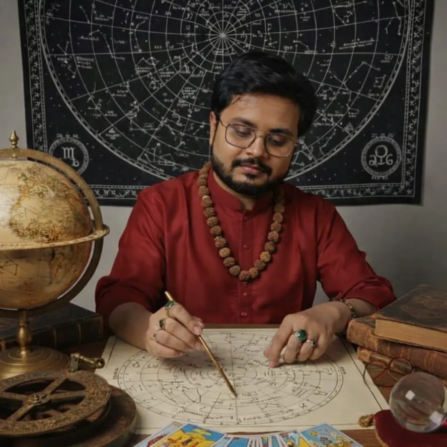 Rohit Chakraborty preparing a hand-written birth chart